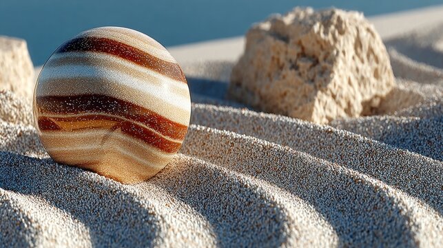 Beige striped sphere resting on white textured sand