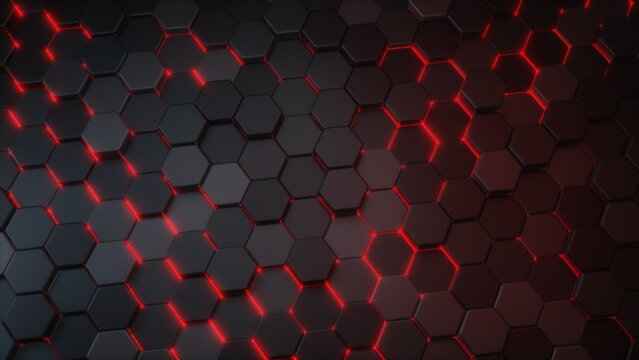 Hexagon dark grid pattern red light 3d render