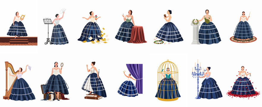 Collection of dramatic female opera singer illustrations in various theatrical poses and historical costumes against a white background.