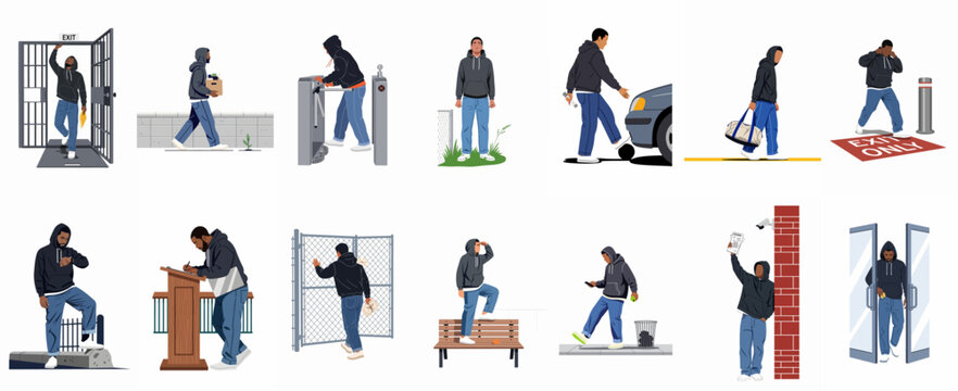 Illustrations of a young man navigating life after prison, showing scenes of reentry, surveillance, searching for work, and everyday urban challenges.