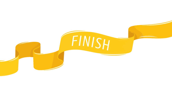 Yellow finish line ribbon with the word FINISH in white text, isolated on white background.