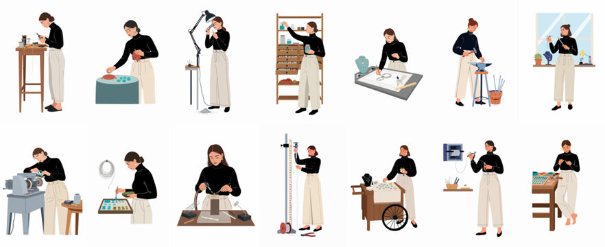 Set of illustrations depicting a professional female jeweler working in a studio, from design and soldering to polishing and selling handmade jewelry.