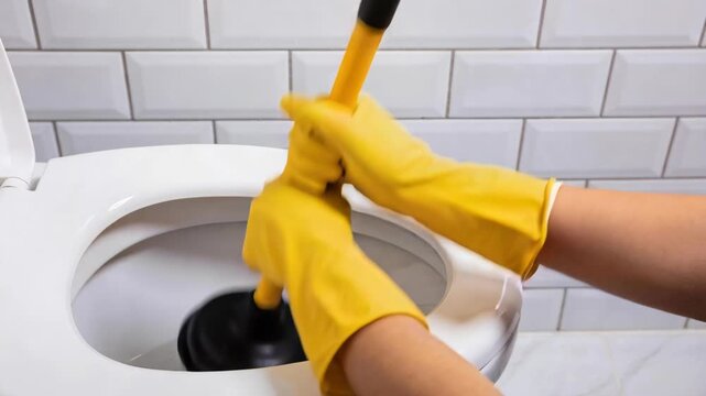 Close-up of a person wearing yellow gloves using a plunger to fix a clogged toilet in a bathroom.