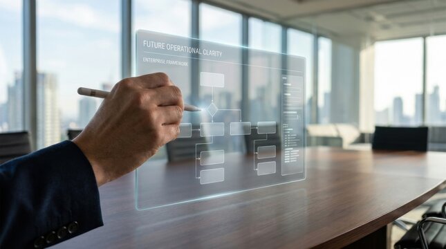 A person's hand pointing at a screen engaging with digital content to refine frameworks and processes