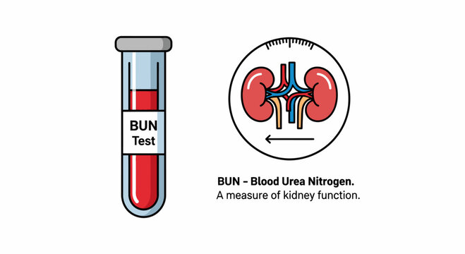 Vector infographic of BUN (Blood Urea Nitrogen) test for kidney function, featuring red blood sample tube and human kidney anatomy icon. Healthcare medical design.