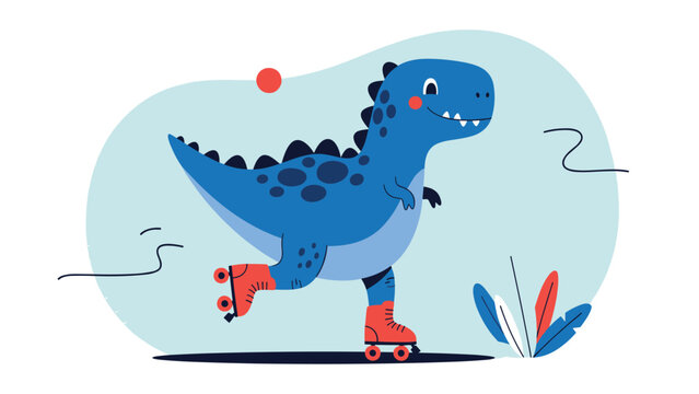 Fun and whimsical illustration of a blue dinosaur wearing red roller skates and gliding across a light blue background.
