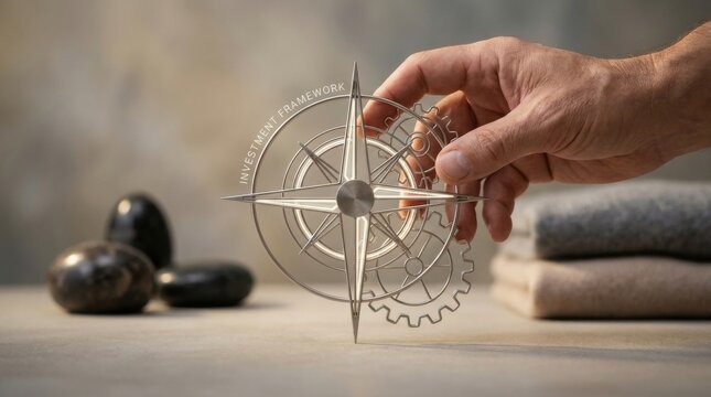 Human hand stabilizing a metal gear wheel symbolizing investment and industrial efficiency in modern technology