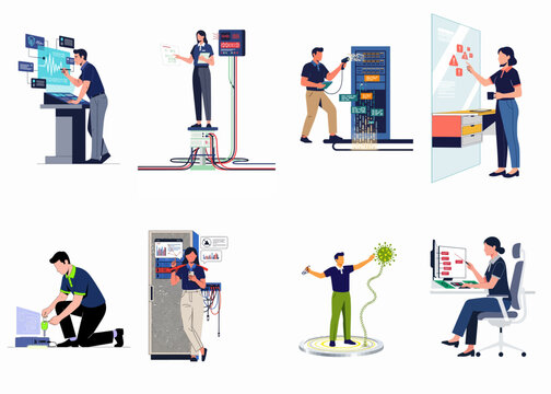 Collection of flat vector illustrations showing IT professionals, engineers, and developers working in data centers, server rooms, and performing cybersecurity tasks.