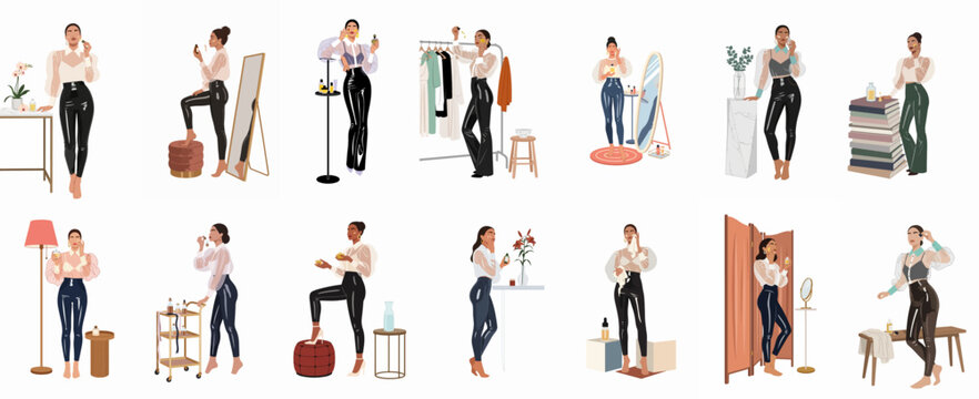 Vector illustrations of a stylish woman performing her daily skincare and beauty routine in various home settings, featuring serums, mirrors, and fashionable outfits.
