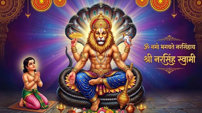 Narasimha Swamy Vector Illustration, Lord Vishnu Fourth Avatar, Half Man Half Lion Deity with Devotee Prahlada, Hindu Mythology God Icon Art