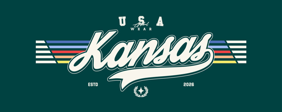 Kansas united state vintage varsity streetwear typography print for graphic tee, t-shirts, hat, and poster design 2026 - vector