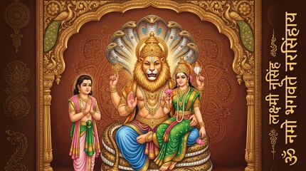 Fototapeta premium Lakshmi Narasimha Swamy Vector Illustration with Prahlada and Sheshanaga, Hindu God Narasimha Mantra Devotional Banner