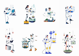 Fototapeta premium Collection of scientists in futuristic suits performing various laboratory experiments and chemical research in a modern flat illustration style.