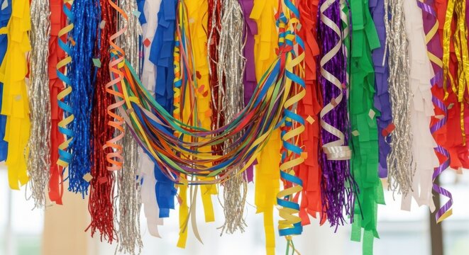 Colorful party streamers and tinsel hanging down in a festive celebration decoration arrangement