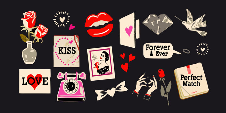 vector collage of romantic love symbols and elements on black