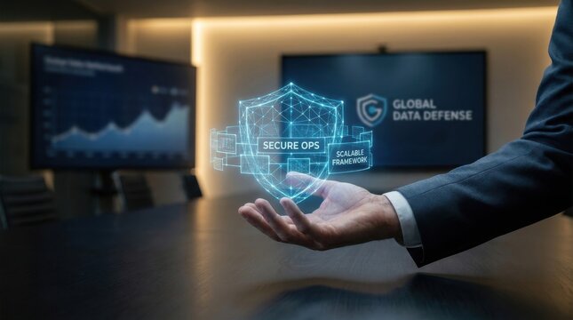 Individual holding a virtual representation of information operations symbolizing security and modern technology