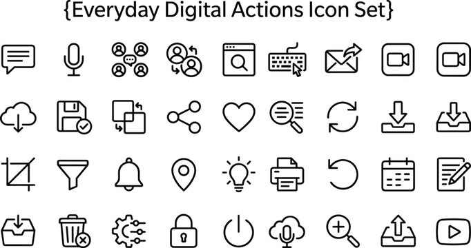 Everyday digital actions line icon set for communication controls navigation cloud storage and mobile application interface design