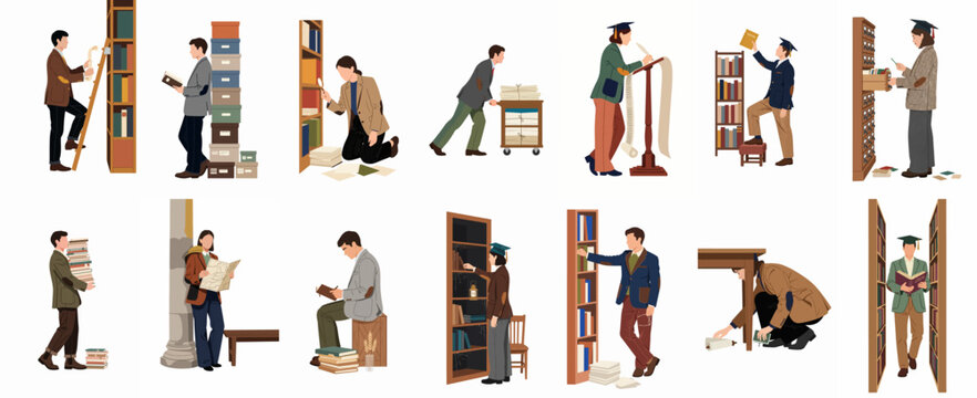 Flat illustration collection of academic people researching in a library, reading books, and organizing archival records in various poses.