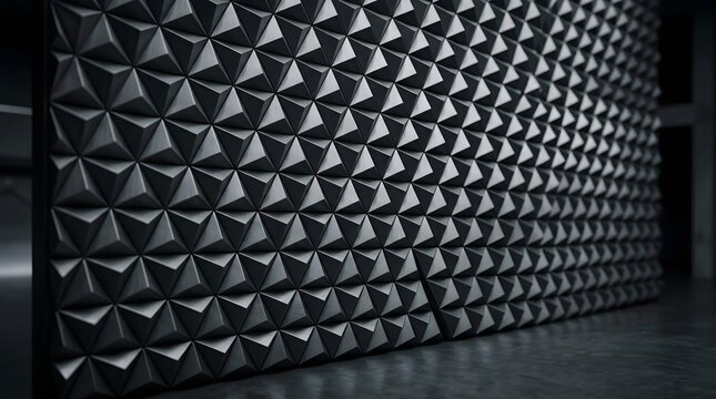 Dark gray metallic wall with pyramid-shaped acoustic panels indoor