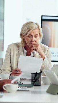 Stress, manager or team in meeting with paper, client loss or budget review in correction session. Warning, woman or finance director with document, revenue crisis or disappointment at group mistake.