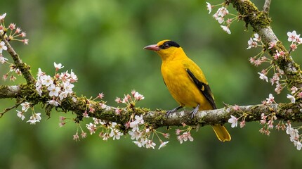 Obraz premium A vibrant yellow bird perches on a blooming branch in a lush green environment.