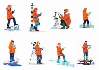 Illustration set of arctic researchers in orange parkas performing various field tasks, data collection, and scientific exploration in a cold polar environment. © Renzo