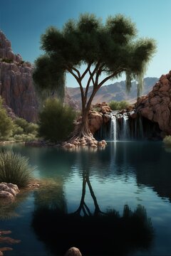 A secluded beautiful and romantic haven in the Arizona desert with a high misty waterfall, the landscape shielded by willow trees