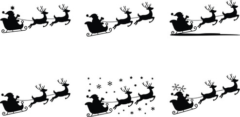 Creative collection of Santa Claus sleigh silhouette designs with reindeer showcasing festive Christmas motifs for holiday and seasonal illustration projects © MstSakila