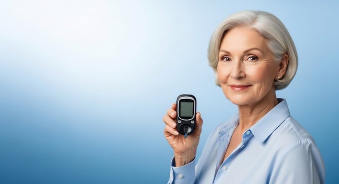 Senior woman monitoring blood sugar with glucometer for diabetes management.