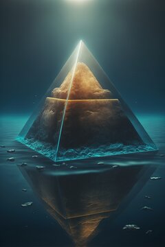 A mysterious translucent holographic pyramid floating in the middle of the ocean.