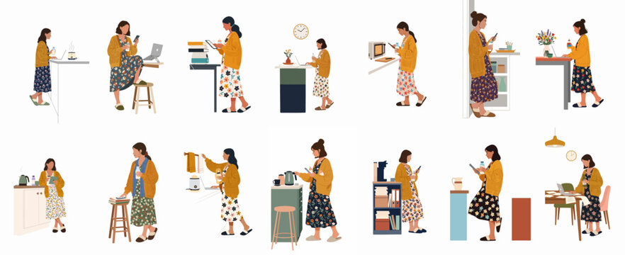 Flat vector illustration set of a young woman working from home, multitasking with daily chores and using various digital gadgets in domestic settings.