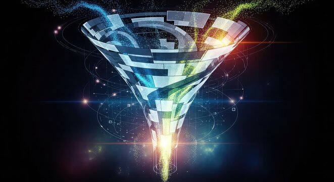 Glowing abstract data funnel with colorful particles and bright light on dark background representing digital flow and information processing