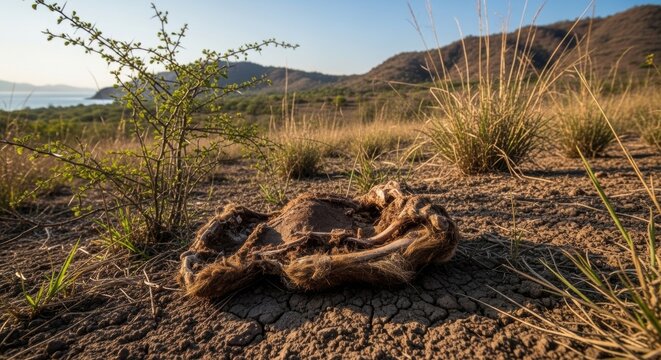 Deserted Carcass in Arid Landscape: A dried-out animal carcass lies on cracked earth in a barren, sun-baked landscape, symbolizing drought and environmental hardship.