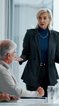 Presentation, team or woman in office with review, software demo or innovation insight in business. Explain, speaker or mature IT expert with screen, enterprise solution or briefing on tech strategy.