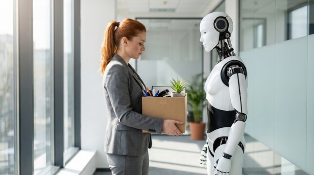 Businesswoman handing over box to humanoid robot in office hallway symbolizing job displacement with displacement