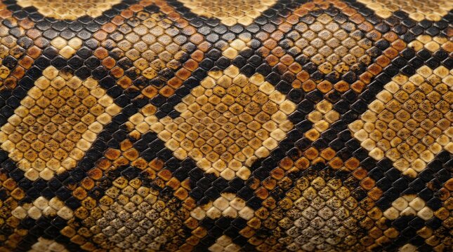 Close-up of a python's skin, showcasing its intricate and detailed pattern of diamond shapes in brown and black tones