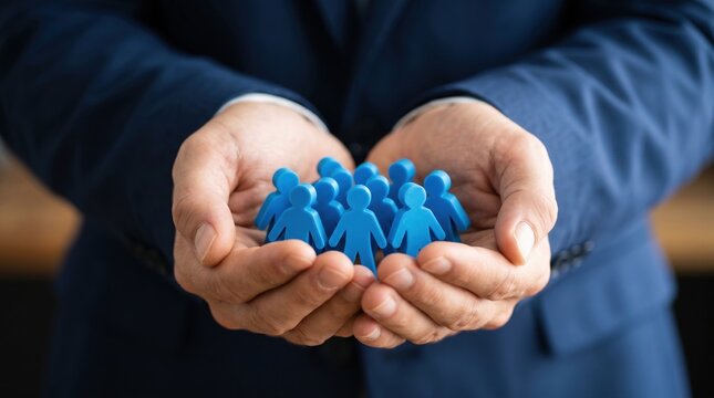 Hands holding small blue human figurines representing team collaboration with human centric figurines collaboration