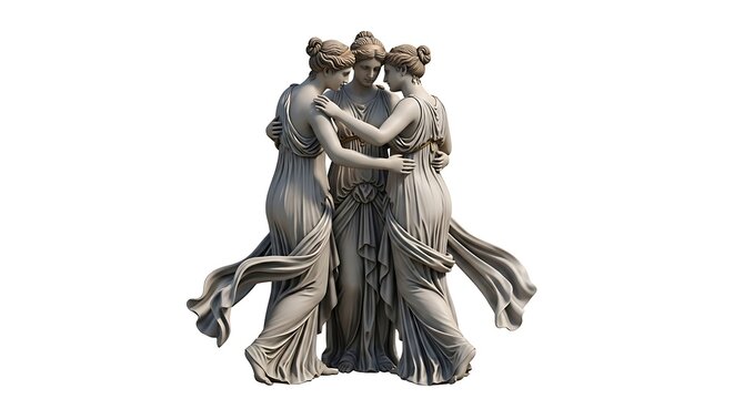 Sculpture of three women in classical attire embracing, stone material, elegant posture