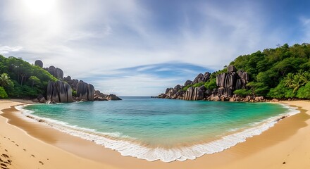 Obraz premium Beach surrounded by steep cliffs and greenery