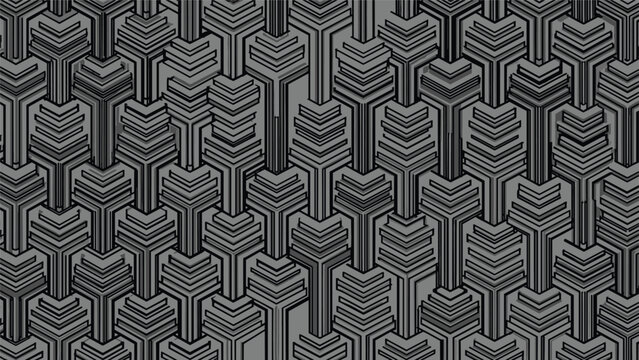 Sophisticated geometric 3D pattern with interlocking grey and black shapes that create a modern and architectural visual effect in design.