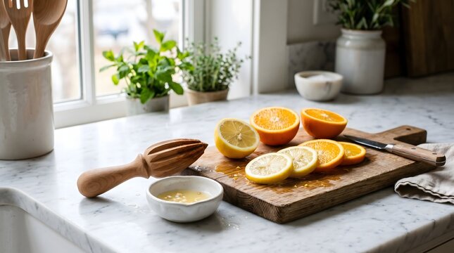 Minimal wooden lemon reamer beside sliced citrus fruit on clean kitchen counter