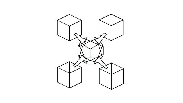 Abstract geometric composition with three-dimensional cubes connected to a central polyhedral core using thin structural lines and spikes.