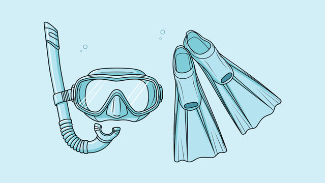 Underwater diving equipment set featuring a blue snorkel mask and a pair of matching flippers on a light blue water background.