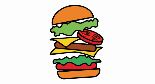 Deconstructed hamburger with separated ingredients cartoon vector illustration.