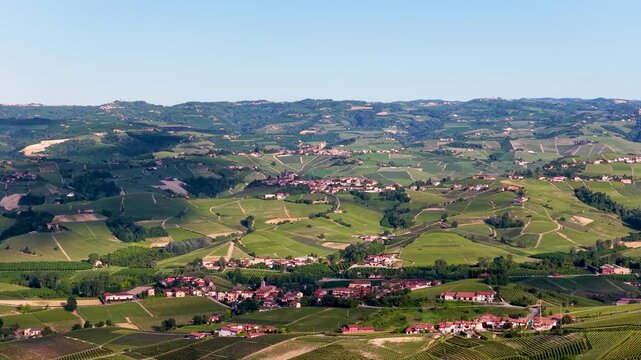 Panoramic View of Rolling Hills and Vineyards in Piedmont Italy