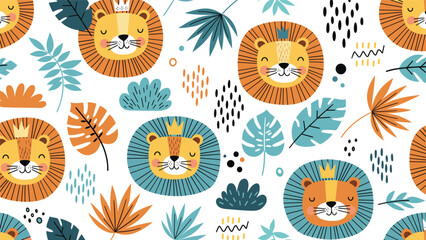 Fototapeta premium Cute jungle pattern for kids featuring friendly lion faces with golden crowns surrounded by colorful tropical leaves.
