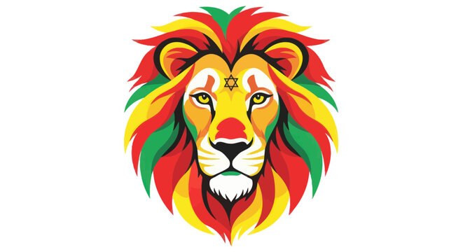 Colorful Lion Head Illustration with Star of David, Rastafarian Colors, Symbolism