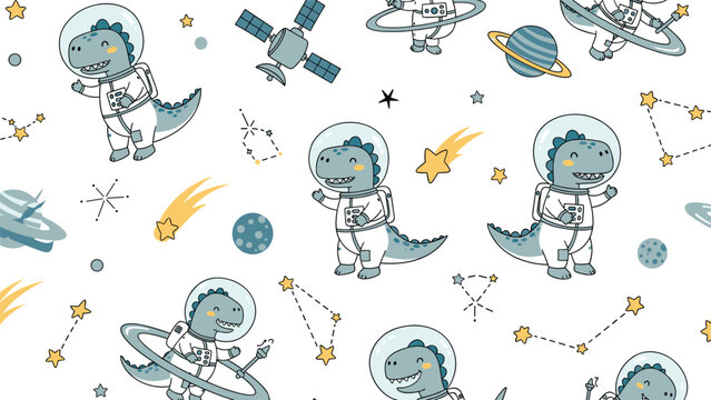 Detailed seamless pattern for children with cute astronaut dinosaurs in full space suits among constellations and planets.