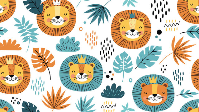 Cute jungle pattern for kids featuring friendly lion faces with golden crowns surrounded by colorful tropical leaves.