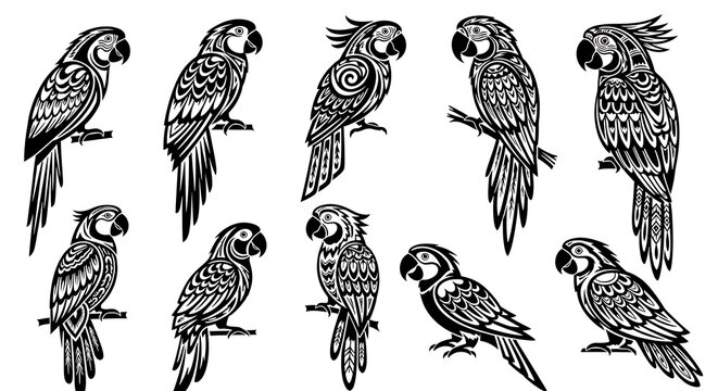 Black and white photo parrots with intricate designs, perched on branches